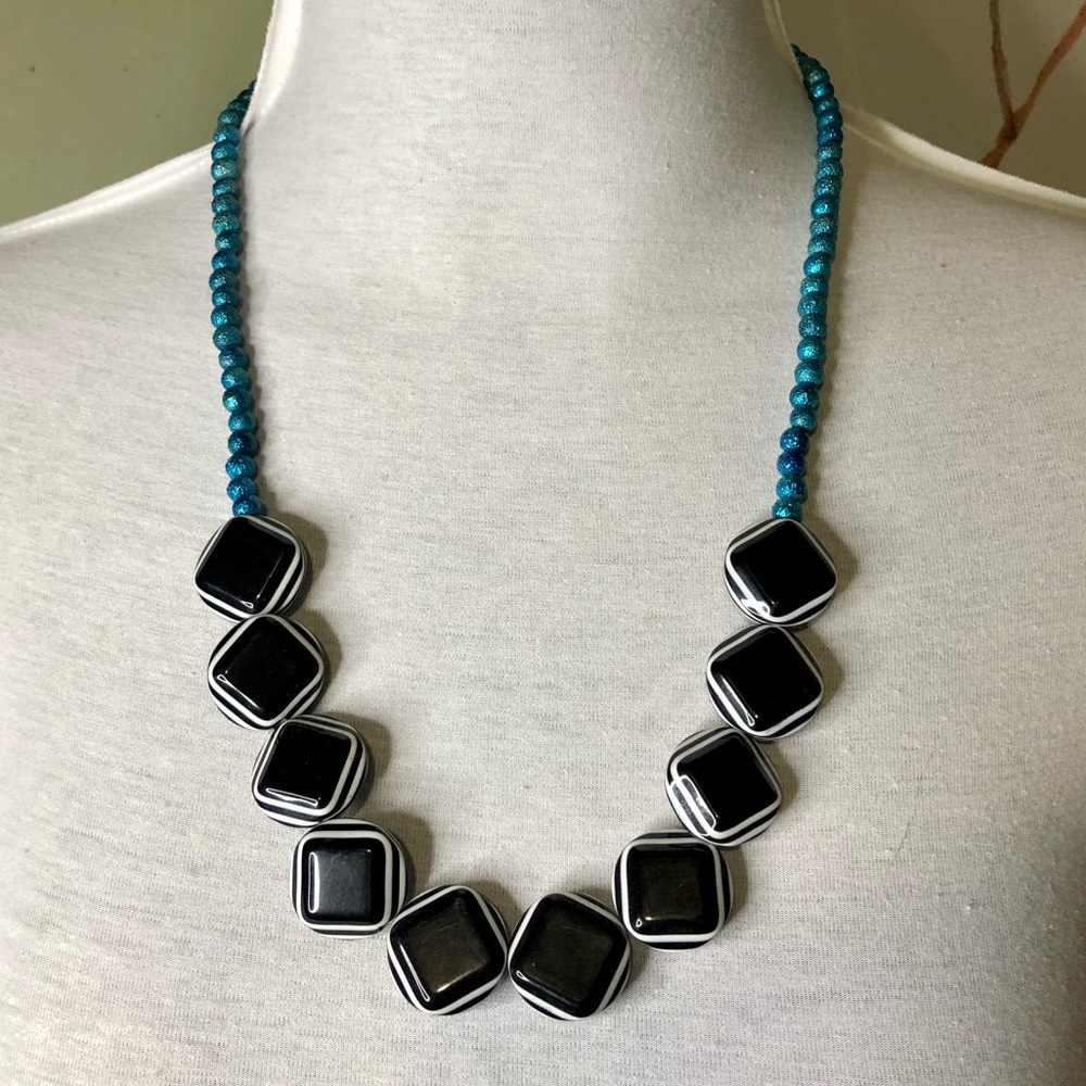 Handmade Metallic Turquoise and Black/White Necklace Medium Length